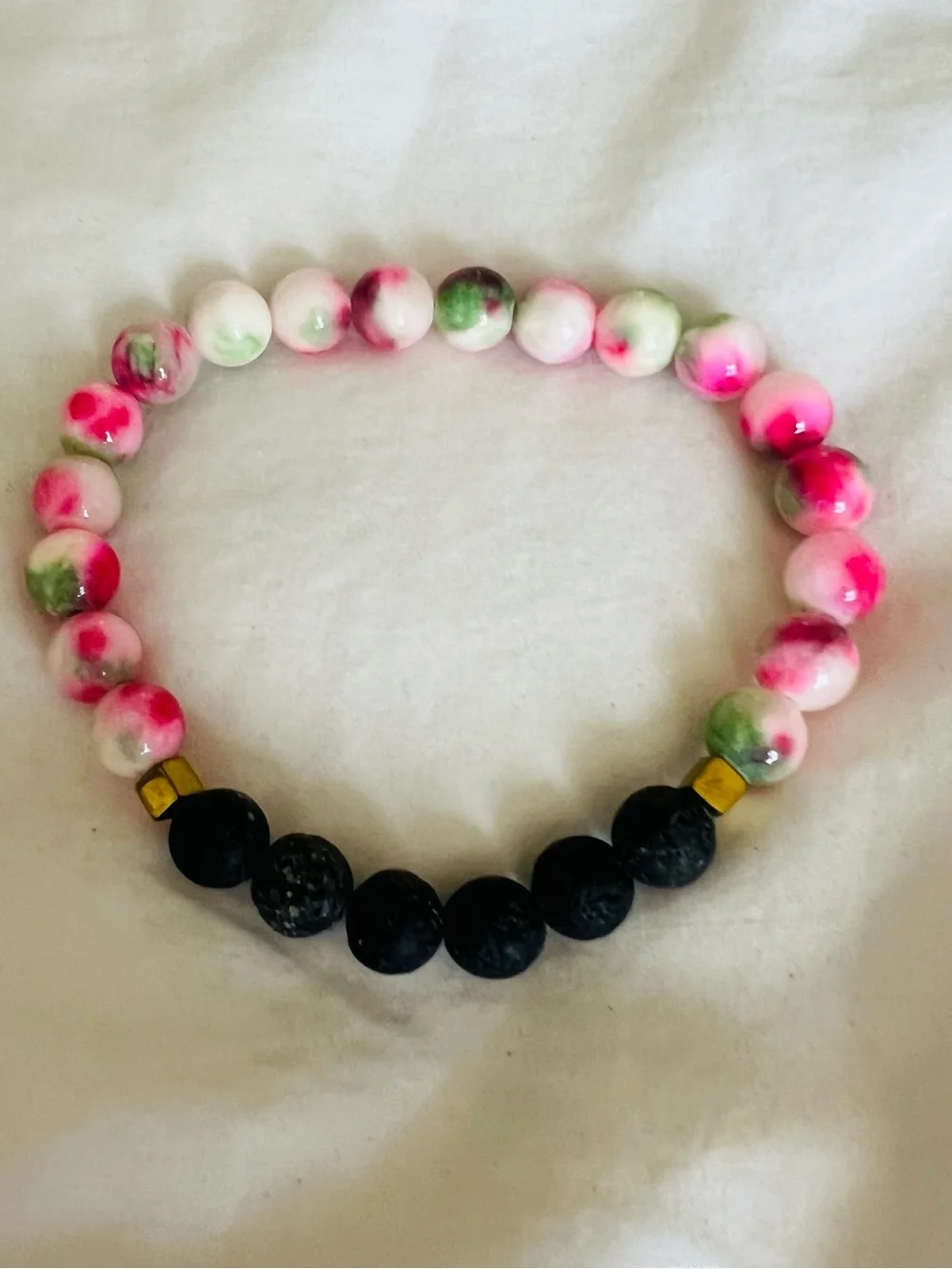 Beaded Bracelet in Pink, Green & Black lava stone